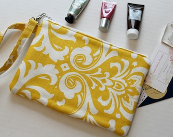 Yellow Wristlet, Zipper Clutch, Zipper Pouch, Damask Clutch, Yellow Wallet, Makeup Case, iPhone Wristlet, Gifts for Her, Wedding Gifts