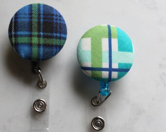 Retractable ID Badge Holder, Blue Badge Reel, Nurse Badge, Plaid Badge Holder, Green Plaid Id Holder, ID = Badge, Teacher Id Badge, Coach