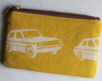 Small zipper pouch, yellow zipper pouch, cars coin purse, wallet purse, fabric zipper pouch, coin card purse, teacher gifts, earbuds pouch