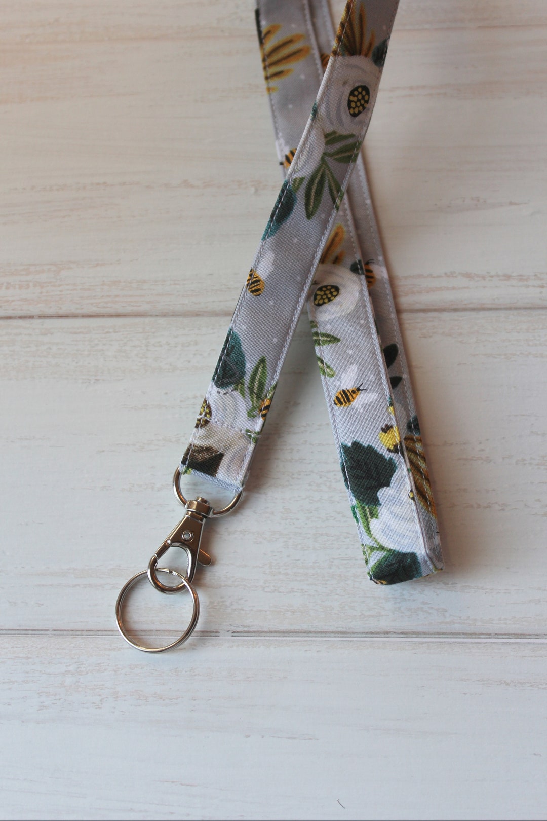 Gray Lanyard, Floral Lanyard, ID Badge Lanyard, Nurse Lanyard Key