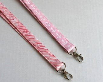 Pink White Lanyard - Pink Anchor Lanyard - Long Key Lanyard - ID Strap- Teacher Lanyard- Cute Boho Lanyard -Fabric Lanyard - Striped Lanyard