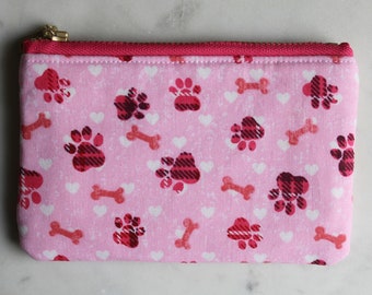 Pink Paw zipper pouch, fabric coin purse, dog paws coin purse, small zipper pouch, credit card pouch, gifts for her, small money wallet