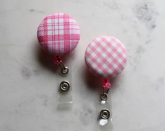 Pink Retractable ID Badge, Pink Plaid Holder Reel, Pink Gingham Belt Clip, Nurse Reel, Badge Holder, Fabric Reel Holder, Girly ID Badge Clip