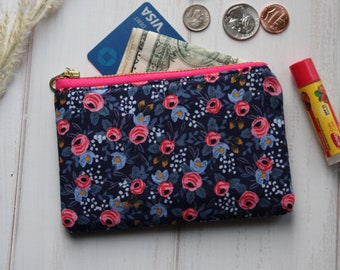 Small zipper pouch, fabric coin purse, Rifle Paper Co floral coin purse, blue zipper pouch, cosmetic bag, gifts for her, earbuds pouch