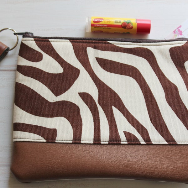 Zipper Pouch, Brown Zipper Pouch, Clutch Bag, Zebra Print Zipper Wristlet, Vegan Makeup Purse, Casual Bag, Cosmetic Pouch, Gifts for 20