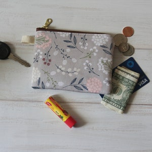 Bolsa pequeña con cremallera, monedero de tela, monedero floral gris, bolso billetera, bolsa amarilla, monedero de tarjeta, regalos para ella, bolsa de auriculares