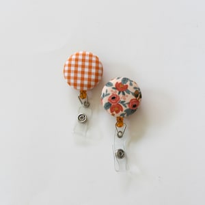 Retractable ID Badge Holder- Rifle Paper Co - Coral Floral Badge Reel - Nurse Badge - Badge Holder- Orange Gingham Holder-Retractable Badge