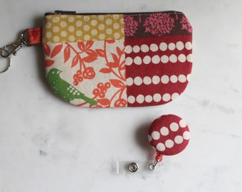 Small zipper pouch, fabric coin purse, floral coin purse, wallet purse, id badge reel, green bird pouch, card coin purse, gifts for her