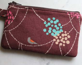 Small zipper pouch, brown coin purse, gray bird coin pouch, wallet card purse, coin card pouch, card holder, gifts for her, earbuds pouch