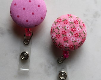 Pink Retractable ID Badge, Pink Floral Holder Reel, Pink Polka Dots Belt Clip, Nurse Reel, Badge Holder, Fabric Reel Holder, Girly Reel Clip