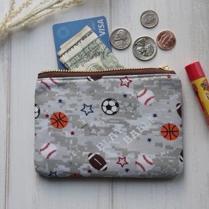 Estuche pequeño con cremallera, monedero de tela, monedero gris, monedero, monedero, monedero con tema deportivo, tarjetero, regalos para ella, estuche para auriculares