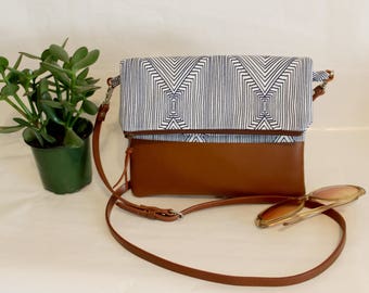 Foldover Crossbody Bag, Simple CrossBody Bag, Blue and White CrossBody Purse, Everyday Purse, Hobo Handbag, Boho Bag, Gifts for 50