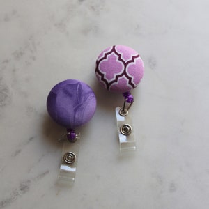 Purple Retractable Badge, Lilac White Holder Reel, Floral ID Belt Clip, Nurse Reel, Badge Holder, Fabric Reel Holder, Girly ID Badge Clip