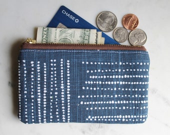 Blue zipper pouch, fabric coin purse, blue and white coin purse, small zipper pouch, credit card pouch, gifts for her, small money wallet