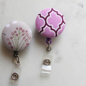 Purple Retractable Badge, Lilac White Badge Reel, Gray Floral ID Belt Clip, Nurse Reel, Badge Holder, Fabric Reel Holder, Teacher Badge Clip