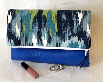 Fold Over Clutch, Blue Foldover Clutch Purse, Zipper Clutch, Summer Clutch, Boho Clutch, Clutch Bag, Gifts, Bridesmaid Gifts, Gift for Her