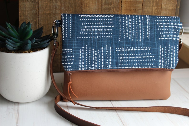 Foldover Crossbody Bag, Navy and White CrossBody Bag, Casual CrossBody Purse, Everyday Purse, Hobo Handbag, Boho Bag, Gifts for 50 image 6