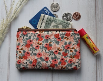 Small zipper pouch, fabric coin purse, Rifle Paper Co floral coin purse, wallet purse, id pouch, cosmetic bag, gifts for her, earbuds pouch