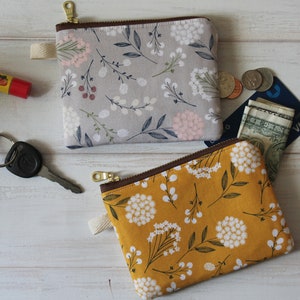 Bolsa pequeña con cremallera, monedero de tela, monedero floral amarillo, bolso billetera, bolsa gris, monedero de tarjeta, regalos para ella, bolsa para auriculares