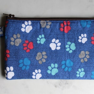 Small zipper pouch, fabric coin purse, blue paw print coin purse, wallet purse, id pouch, keyring pouch, gifts for her, earbuds pouch