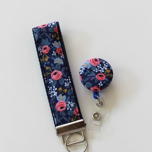 Blue Floral Badge Reel- Rifle Paper Co - ID Badge Holder Reel-Floral Key Fob - Nurse Badge Reel- Badge Holder-Girly Key Fob-Floral Key Chain