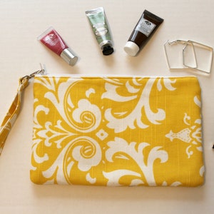 Jaune bracelet, trousse, pochette, damassé Clutch, portefeuille jaune, trousse à maquillage, iPhone aumônière, cadeaux pour elle, cadeaux de mariage