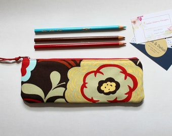 Zipper Pouch, Brown Zipper Pouch, Floral Pouch, Makeup Bag, Cosmetic Pouch, Zippered Pouch, Cosmetic Bag, Pencil Case, Gifts under 15