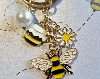 Bee, Flower & Pearl Key Chain - Empowering Keychain Keyring Gift