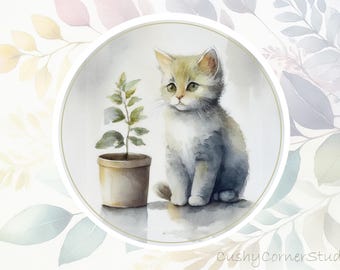 Cat and plant circle sticker