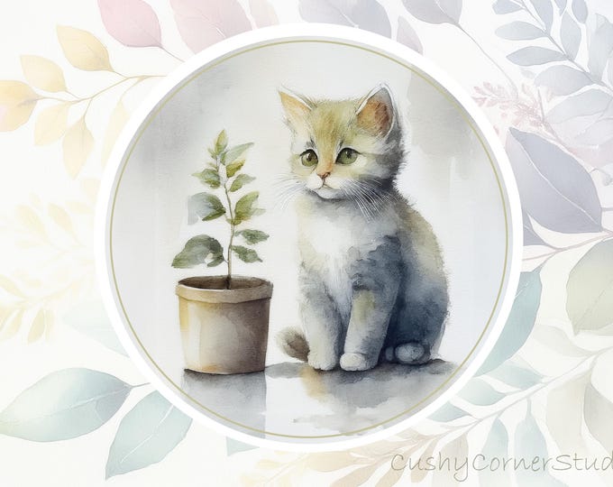 Cat and plant circle sticker