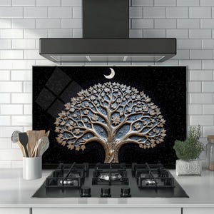 Tree of Life Moon Tempered Glass Kitchen Backsplash - Heat & Stain Resistant