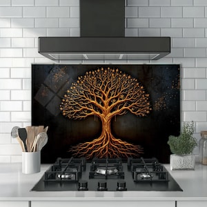 Golden Tree of Life Tempered Glass Backsplash: Kitchen Stove Cover