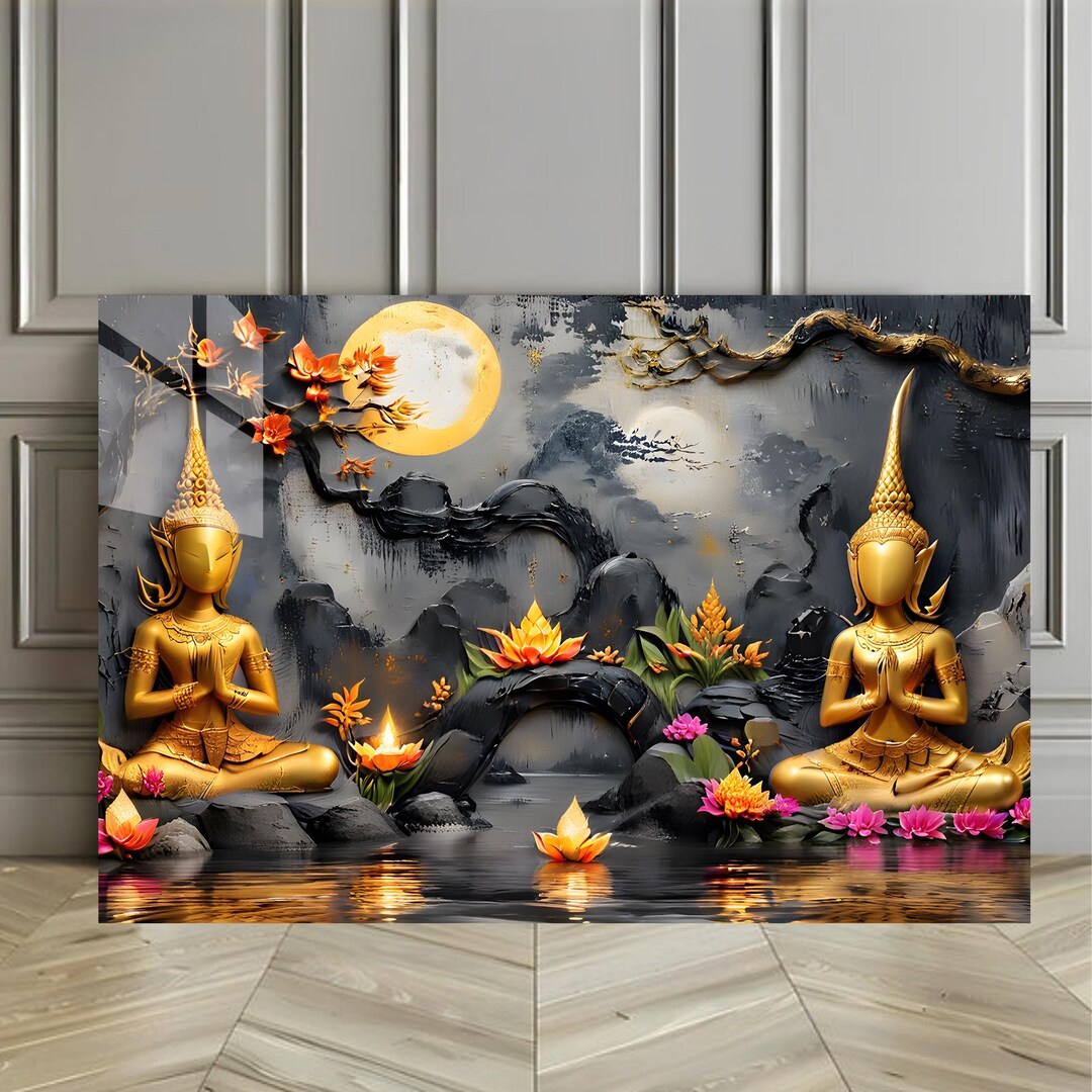 Golden Buddha Tempered Glass Wall Art: Thai Zen Lotus Moon Decor - Etsy