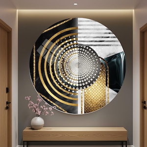 Modern Abstract Gold & Black Glass Wall Art - Geometric Round Decor