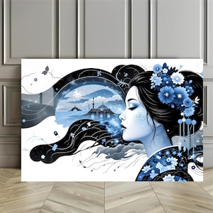 Arte Elegante Geisha Blu | Illustrazione Donna Giapponese Sognante | Design Floreale Fantasia 3D Carta | Decorazione Murale Orientale