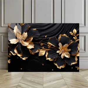 Black and Gold Floral Tempered Glass Wall Art: 3D Effect Botanical Print