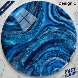 Abstract Navy Blue Tempered Glass Wall Art: Ocean Waves Circular Decor