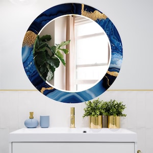 Tempered Glass Wall Mirror in Blue and Gold Abstract Design - Modern Decorative Mirror for Living Room Bedroom or Office