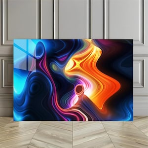 Abstract Neon Swirls Tempered Glass Art - Vibrant Aura Energy Wall Decor - Modern Psychedelic Print - Dynamic Living Room Office Art for Her