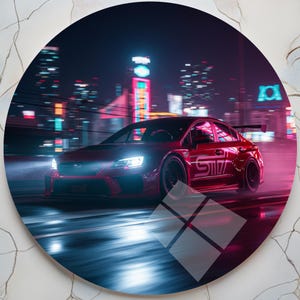 Neon Subaru STI Tempered Glass Wall Art: JDM Car Enthusiast Decor