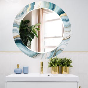Tempered Glass Mirror with Blue & Gold Marble Design, Round, Rectangle, Full Length Mirror Decorative Wall Mirror with Wavy Blue Gold Design