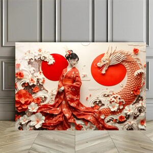 Elegante Arte Kimono Rosso | Drago Giapponese Floreale 3D Carta | Decorazione Murale Unica | Casa Stile Asiatico | Arte Murale Giapponese