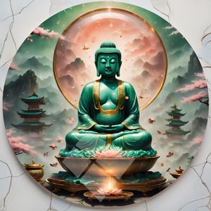 Serene Buddha Wall Art - Zen Green Buddha Statue, Tranquil Cherry Blossom Scene, Spiritual Asian Temple Decor, Meditative Home Gift