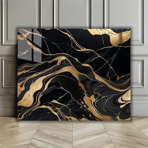 Design marbre noir et or sur verre et toile - Décoration murale abstraite moderne pour maison ou bureau