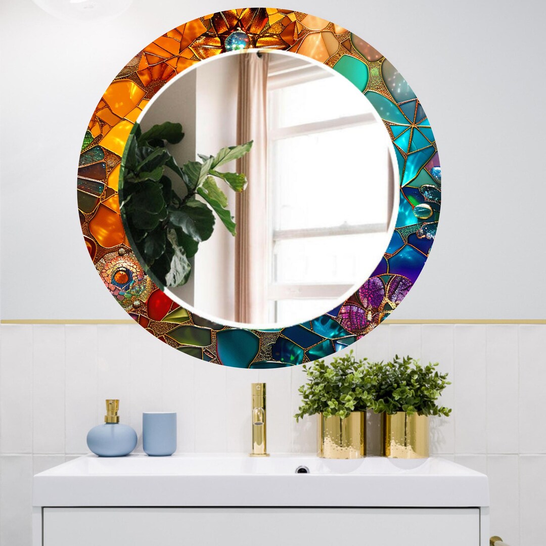 Colorful Mosaic Mirror, Tempered Glass Wall Mirror With LED Option ...