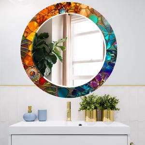 Colorful Mosaic Mirror, Tempered Glass Wall Mirror with LED Option, Stained Glass Mirror Bathroom or Living Room Decor, Modern Art Mirror