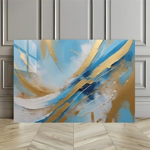 Abstract Sky Blue and Gold Painting: Tempered Glass or Canvas Wall Art