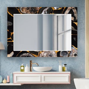 Tempered Glass Wall Mirror with Agate Geode Design – Modern Mirror Art for Bathroom or Living Room – Luxury Canvas Style Decorative Wall Art