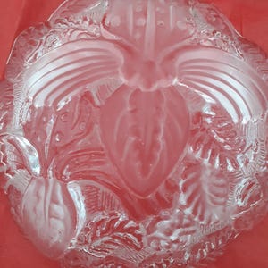 Puede incluir: Un cuenco de vidrio transparente con un diseño floral en relieve. El cuenco presenta un motivo floral central con pétalos radiantes y patrones de hojas circundantes. El vidrio es transparente y está sobre un fondo rojo.