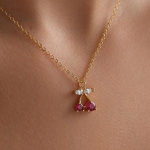 Gold Plated Tiny Cherry Pave Necklace, Cherry Necklace, Fruit Necklace, Minimalist Jewelry, Gift for her, Christmas Gift, Everyday Necklace